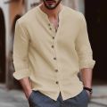 men's cotton linen shirt loose comfortable casual linen young men stand collar solid color shirt. 