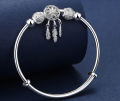 Alien Adjustable size 925 Sterling Silver Bangle cuff Dreamcatcher Tassel Feather Round Bead Charm Bracelet jewelry For Women wedding. 