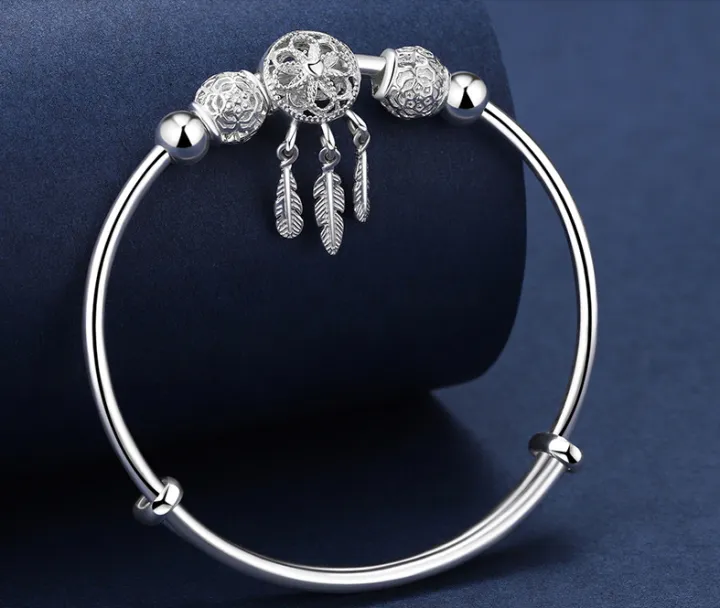 Alien%20Adjustable%20size%20925%20Sterling%20Silver%20Bangle%20cuff%20Dreamcatcher%20Tassel%20Feather%20Round%20Bead%20Charm%20Bracelet%20jewelry%20For%20Women%20wedding%20-%20Image%202