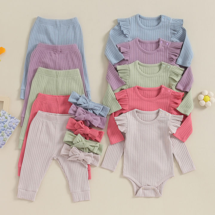 FOCUSNORM 0-18M Autumn Baby Girls Boys Clothes Sets 3pcs Solid Color Long Sleeve Ribbed Romper + Pants + Headband