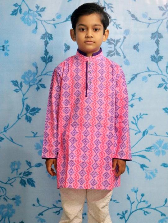 Pink All Over Printed Cotton Kid’S Panjabi Payjama Set (Kpl 20)