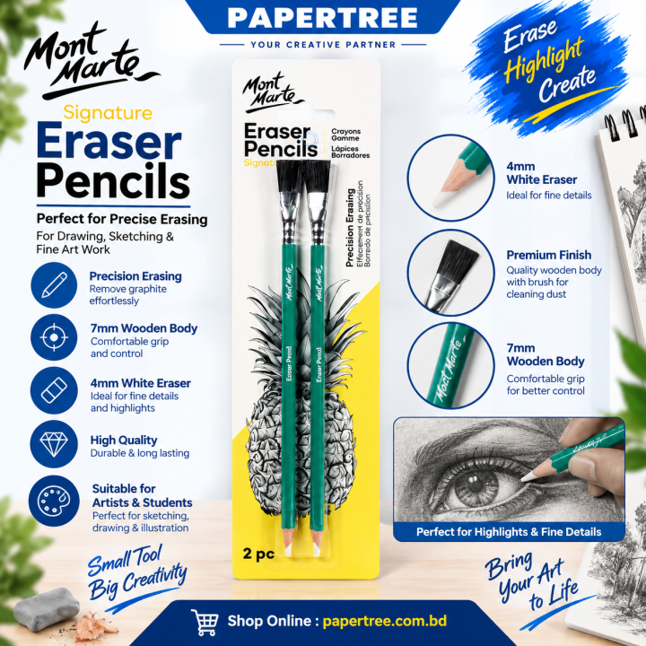 Mont Marte Signature Eraser Pencil Set 2 Pcs 7mm Wooden Body 4mm White Eraser for Drawing & Sketching