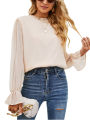 Eligible Women Spring Blouse, Long Puff Sleeve Plain Ruffle Crew Neck Shirt, Ladies Loose Fall Pullover Style Tops.