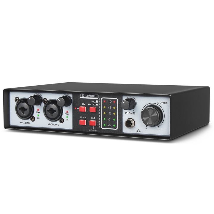 2 in 2 Out USB Audio Interface 32Bit/384KHZ Studio Parts Recording Sound Card Record Professional Sound Card 48V Phantom