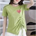 Short Sleeve T T-shirt Women's New Summer Korean Style Split Drawstring Irregular Versatile Split Loose Design Top ins. 