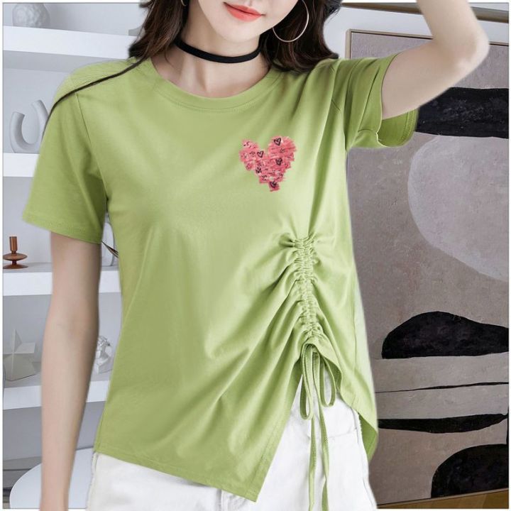 Short%20Sleeve%20T%20T-shirt%20Women's%20New%20Summer%20Korean%20Style%20Split%20Drawstring%20Irregular%20Versatile%20Split%20Loose%20Design%20Top%20ins%20-%20Image%202