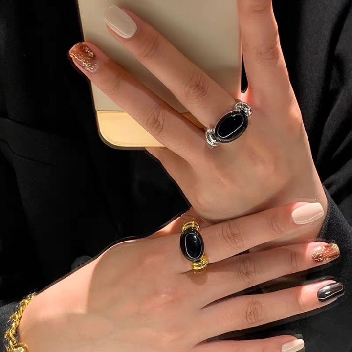 Natural stone oval open ring, retro fashion design, index finger ring, personality niche, light luxury, new hand jewelry women
