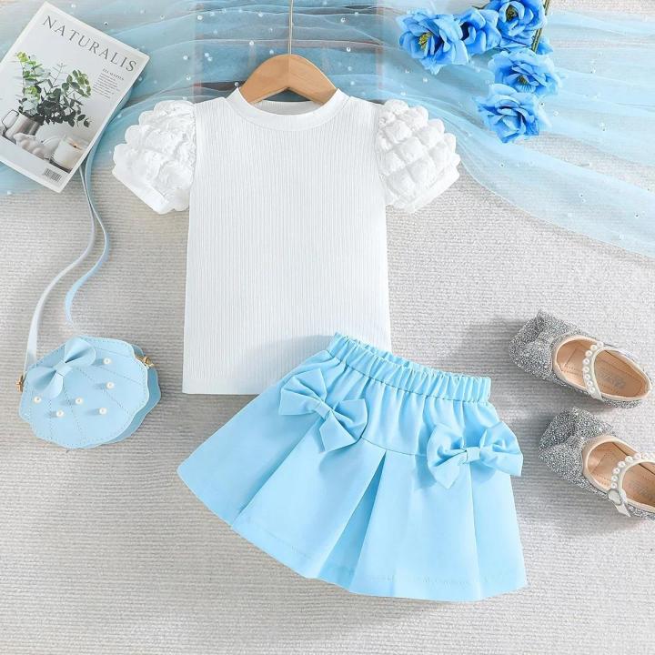 Terno For Kid Girl Puff Sleeve Blouse and Elastic Skirt Summer Outfit Toddler Infant Clothing Set Kids Wear Ootd For Baby Girl