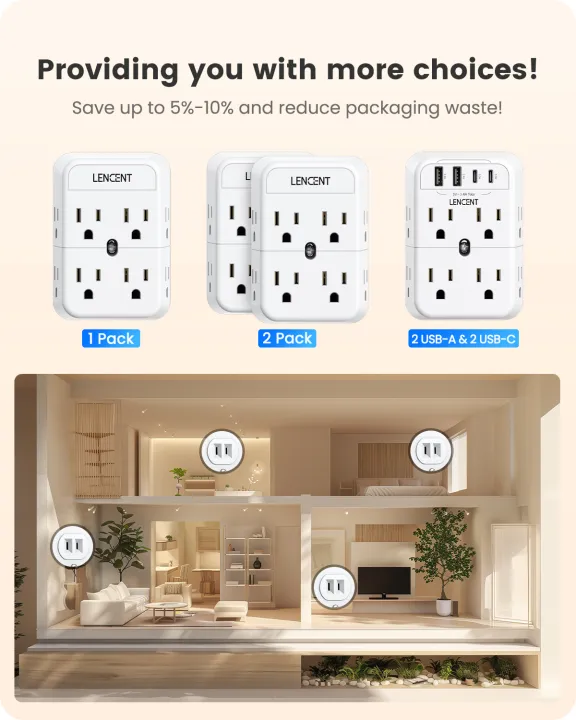LENCENT%202%20Prong%20Power%20Strip,%203%20to%202%20Prong%20Outlet%20Adapter,%20Polarized%20Plug,%203-Sided%208%20Outlets%20Widely%20Spaced%20Extender,%20Compact%20Wall%20Plug%20Splitter%20Tap%20for%20Non-Grounded%20Outlets%20-%20Image%206