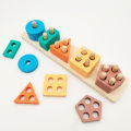 Wooden geometric building blocks for early childhood education. Shape matching, color recognition classification, and assembly five sets of pillar toys. 