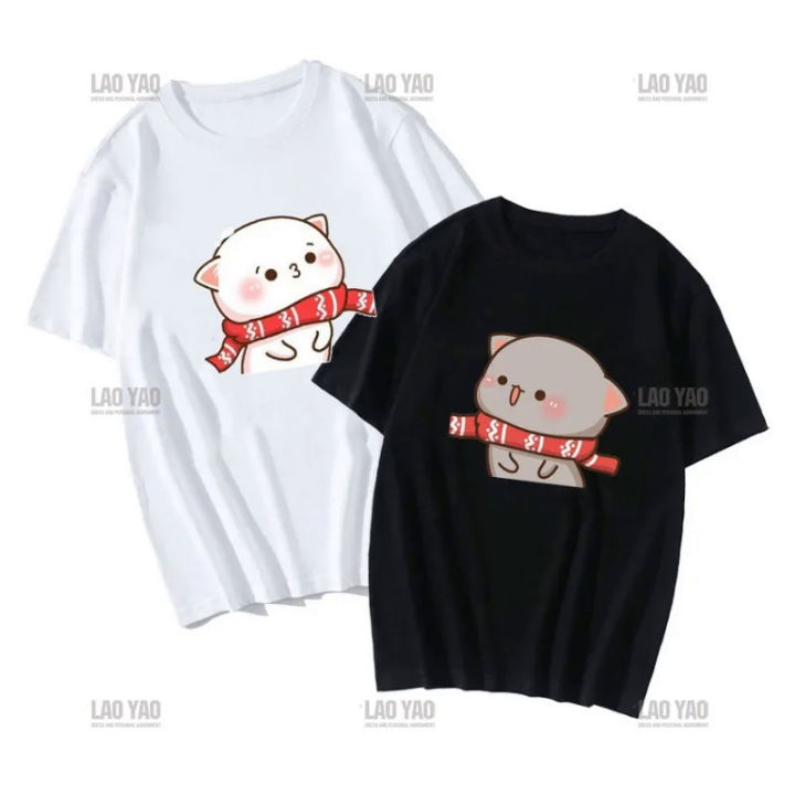 Cute%20Peach%20Cat%20Cartoon%20Couple%20Print%20Shirt%20Unisex%20Shirt%20Gray%20Sent%20Flowers%20To%20Peach%20T%20Shirt%20New%20Style%20Lovers'%20Clothes%20Casual%20Tee%20-%20Image%204