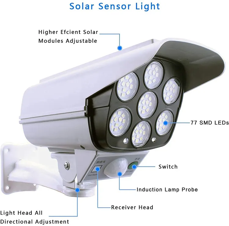 3 Modes 77 LED Solar Wall Lamp Motion Sensor Security Dummy Camera, Remote Control, Solar Street Light for Outdoor, Waterproof Call for more information on 10am as from 10am