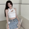 Women Padded Tank Tops Summer Casual Solid Color Cutout Sleeveless Crop T-shirt for Streetwear Club Wear.