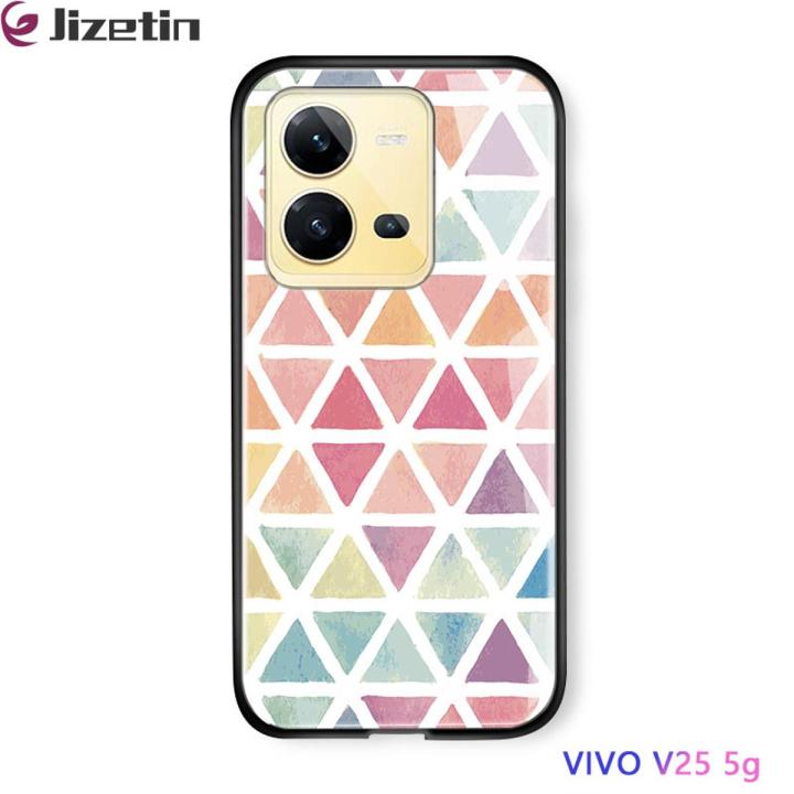 Jizetin for Vivo V25 5G / V25E Glass Back Cover Decorative Pattern Glossy Tempered Glass Shockproof Soft Edge Phone Cases
