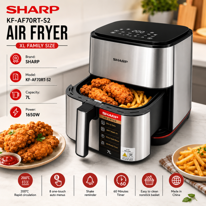 SHARP KF-AF70RT-S2 Air Fryer XL 7L, 1650W Family Size Air Fryer with 8 One-Touch Auto Menus & Rapid Air Circulation