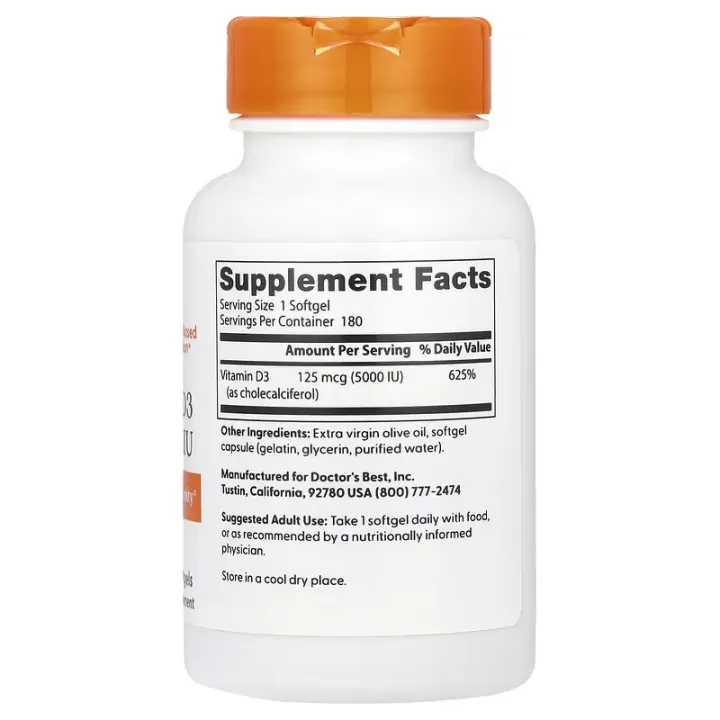 Doctor's%20Best%20Vitamin%20D3,%20125%20mcg%20(5,000%20IU),%20180%20Softgels%20-%20Image%202