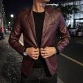 Spring New Black PU Suit Jacket Men's Fashion Slim Leather Jacket Business Casual Blazers Coat Red Blue Khaki.