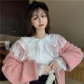 French Vintage Doll Collar Shirt Women Trend Korean Chiffon Cute Lace Patchwork Button up Lolita Blouse Preppy Top Long sleeve. 