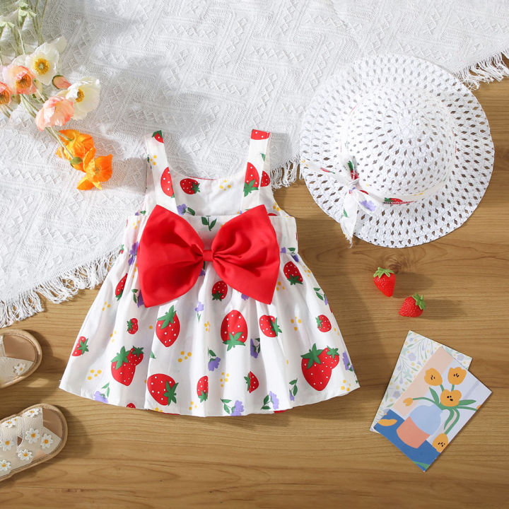 Summer New Girl Dress Birthday Party Dress with Hat Sweet Princess Dress  Strawberry Pattern Beach Style (0-3 Year Old Girl) | Daraz.com.bd