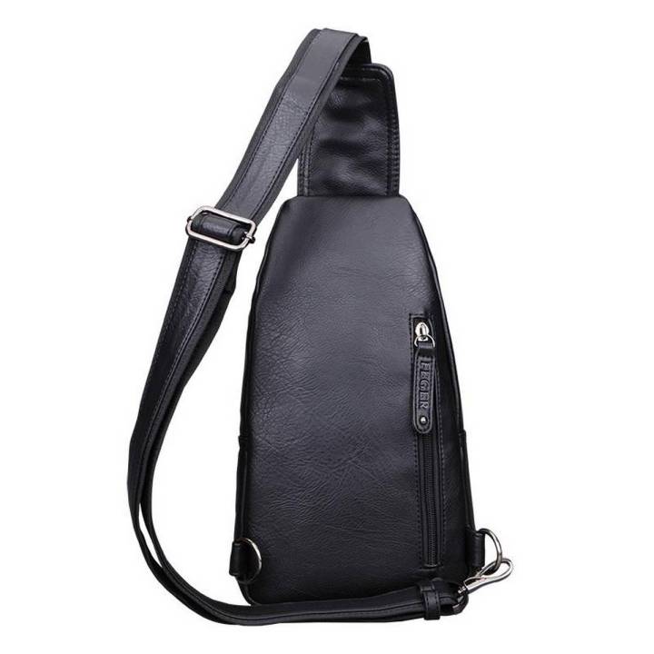 Feger Men Chest Bag Male Messenger Bags Zipper Crossbody Bag Fashion Shoulder Bag Pu Black Earphone Hole Waterproof Daraz .bd