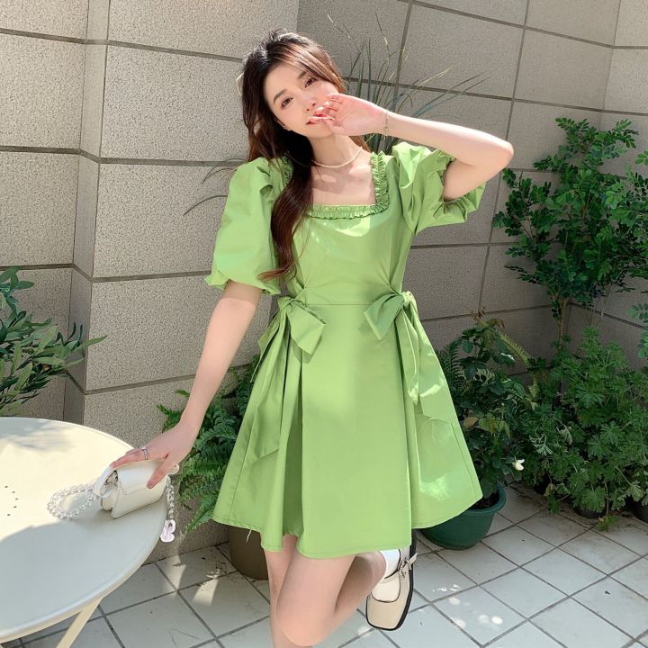 Bow%20Tie%20Square%20Collar%20Dress%20Women's%20Spring%20and%20Summer%202022%20New%20Korean%20Style%20Avocado%20Green%20Waist%20Slimming%20A-%20line%20Dress%20-%20Image%203