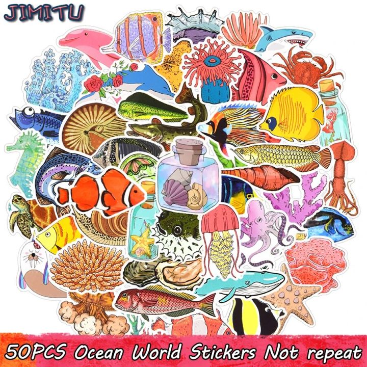 50 PCS Ocean Animals Stickers Cute Sea Fishes Plants Decals Sticker ...