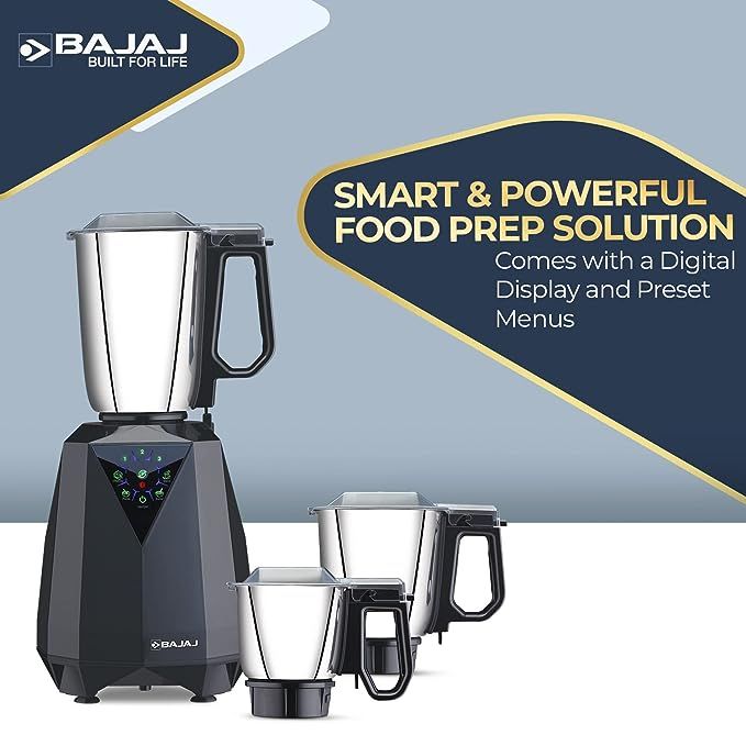 Bajaj Juvel Digi Mixer Grinder 800 Watts 3 Jars, Dark Grey