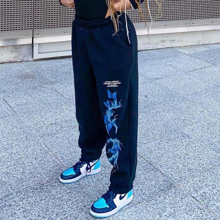 Gothic Butterfly Lightning Print Sweatpants Women Casual Baggy Sports Joggers High Waisted Trousers Black Cargo Pants BQ