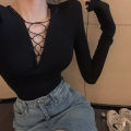 IELGY V-neck slim bottoming shirt women retro Hong Kong style tie long-sleeved T-shirt top.
