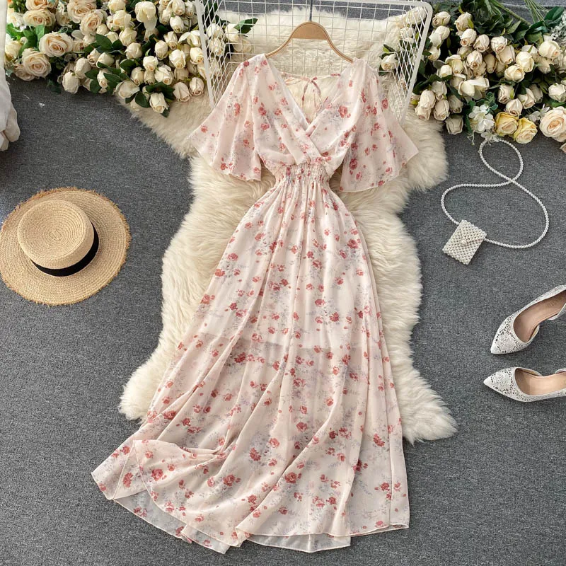 Retro Floral Print Ruffle Chiffon Elegant Midi Dress A-line V Neck Beach  Vacation Dress Women Korean Fashion Summer Vestidos Shapewear | Daraz.com.bd