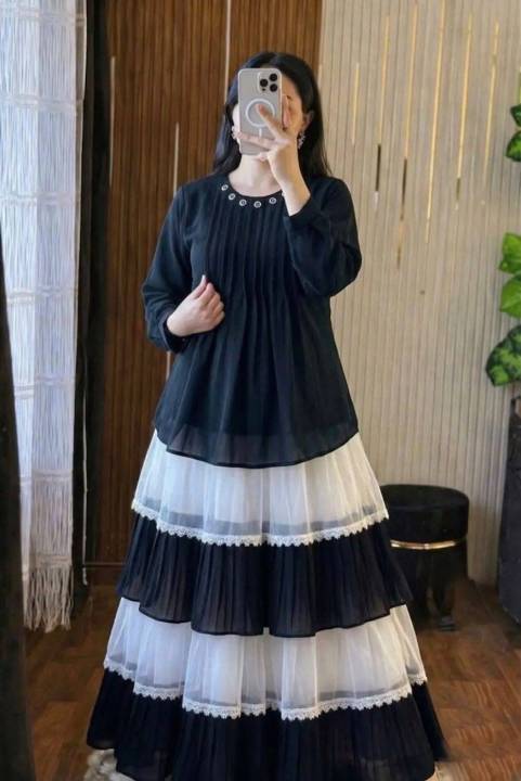 L.F.M Premium 2-Piece Cherry Georgette Kurta and Lace-Work Multi-Tiered Skirt Set – Customized Flare (100+ inches)