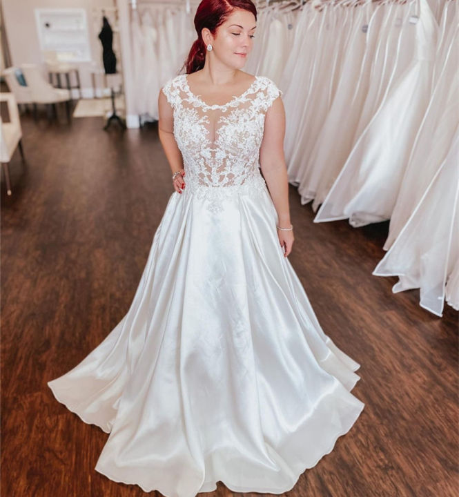 Elegant Wedding Dress A-Line O-Neck Cap Sleeve Lace Appliques