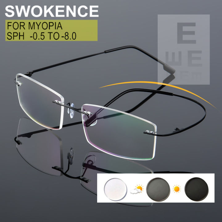 Rimless Myopia Glasses Prescription -0.5 to -8.0 Women Men Metal Frame Blue Ray Proof Chameleon Lenses For Shortsighted F085