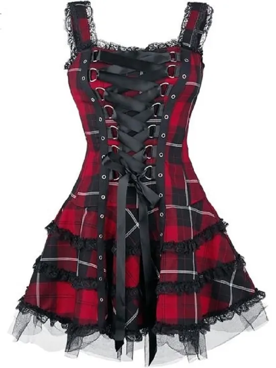 Vintage%20Plaid%20Bandage%20Gothic%20Women%20A-line%20Dresses%20Grunge%20Aesthetic%20Lace%20Trim%20Patchwork%20Mini%20Dress%20Punk%20Bodycon%20Partywear%20-%20Image%203