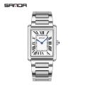 Sanda 1108 2023 Rectangular Couple Watch Silver Case Watch Luxury Brand Fashion Leather Strap Quartz Clock Zegarek damski. 