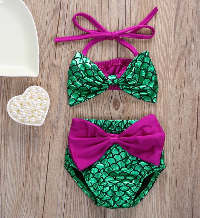 2Pcs%20Baby%20Girl's%20Mermaid%20Swimming%20Costume%20Swimwear,%20Sleeveless%20Bowknot%20Bikini%20Top,%20Triangle%20Crotch%20Short%20with%20Bow%20for%20Beach%20-%20Image%203