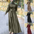 ZANZEA Muslimah Women Muslim Long Sleeve Satin Silky Evening Bowknot Waist Dancing Maxi Dress. 