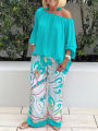 grace sexy One shoulder Loose Long Sleeved T Shirt Set Women's Spring Autumn Leisure Printed Wide Leg Trousers + Shirt Two Piece.