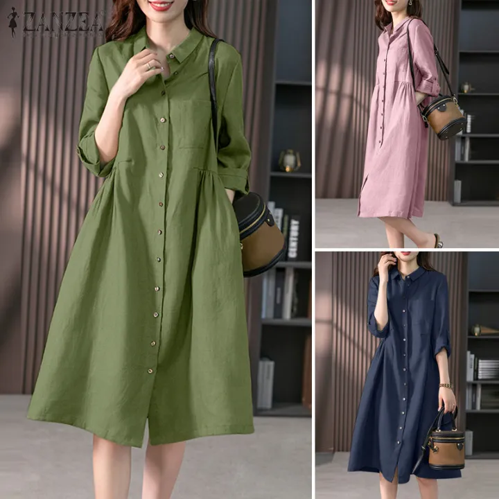 ZANZEA%20Women's%20Vintage%20Button%20Up%20Solid%20Midi%20Dresses%20Commute%20Leisure%20Lapel%20Shirtdress%20#8%20-%20Image%205