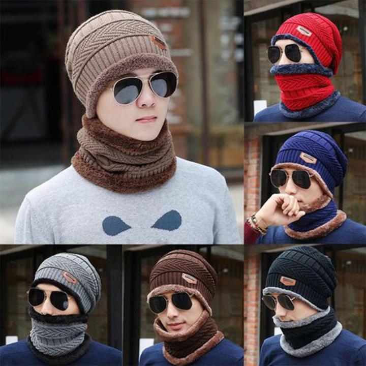 Neck warmer knitted hat scarf set fur Wool Lining Thick Warm Knit beanies balaclava Winter Hat For men women Cap Skullies bonnet-Maroon Color