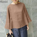 ZANZEA Womens Vintage Cotton Plain Basic Tee Blouse Simple Casual Flare Long Sleeve Tops #8. 