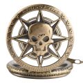 Retro Bronze Steampunk Hollow Caribbean Pirate Skull Head Horror Quartz Pocket Watch With One Piece Necklace Chain For Men Women. 