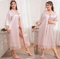 Ladies Relax Wear Plus Size Nightgown Simple Casual Cardigan Nightgown Long-Sleeved Home Service Long Bathrobe Ice Silk Pajamas.