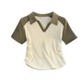 Sweet and Spicy Drawstring Contrast Color Short Sleeve polo Collar T T-shirt Women's Summer Loose Slimming Chic Half Sleeve Top. 