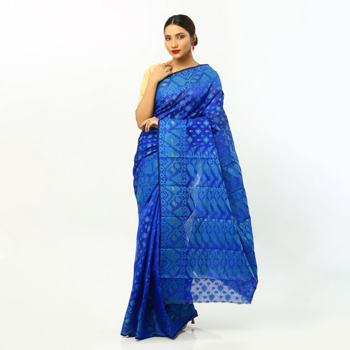 Blue Color ComfortableTangail Jamdani Saree For Women Without Blouse pieces - Home Office Partywear - Suitable Every Occasion