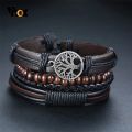 Multilayer 4 Pcs/ Set Leather Bracelet Braided Bracelets for Men Vintage Life Tree Rudder Charm Wood Beads Ethnic Tribal Wristbands. 