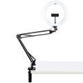 PULUZ 10.2 inch 26cm Ring Curved Light + Desktop Arm Stand USB 3 Modes Dimmable Dual Color Temperature LED Vlogging Selfie Photography Video Lights with Phone Clamp(Black). 