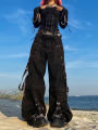Women Cargo Jeans Striped Zipper Button Closure Loose Casual Trousers Streetwear with Pockets Fall Spring Clothes Punk Y2K 90s.