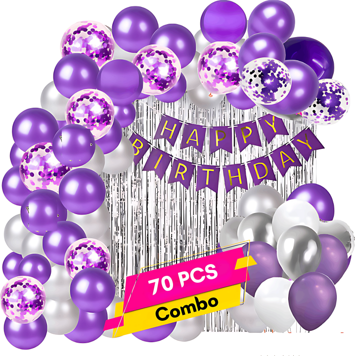 Purple Birthday Party Ensemble: Banners, Curtains, Balloons, Confetti Balloons, and Balloon Arch - Complete Decoration Package (70 Pieces)