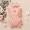 0-18 Months Newborn Baby Girl Plain Soft Bodysuit Lace Flared Sleeve Summer Romper with Headband Toddler Baby Girl Clothing.